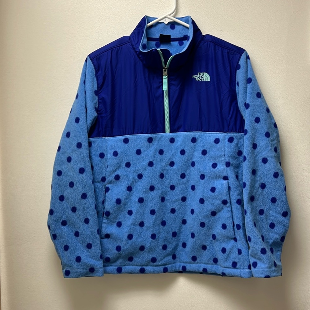 The North Face Girls Quarter Zipper Polka Dot Fleece pockets blue Size XL 18